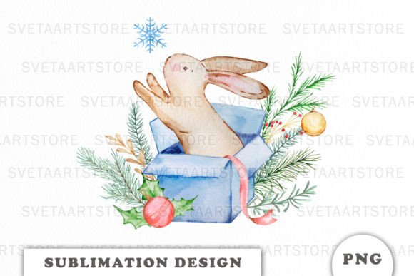 Christmas Bunny in Gift Box Clipart for Crafts Branding