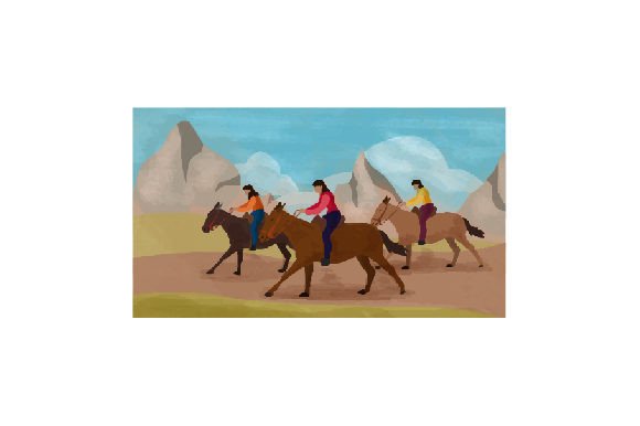 Group of Women Riding a Mule, Mountain Watercolor Art for Farm Amp Content