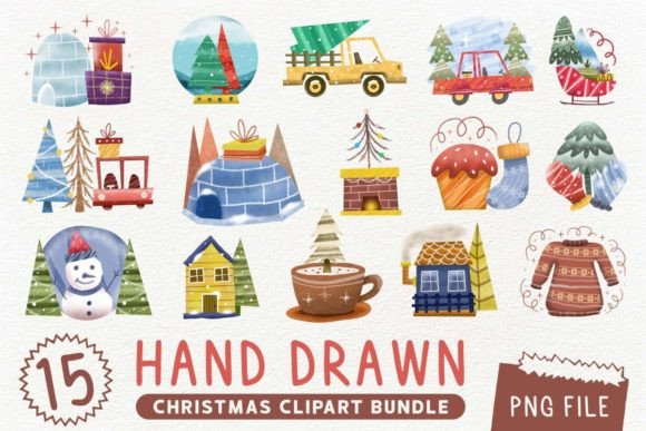 Hand Drawn Christmas Watercolor Clipart for Print Templates
