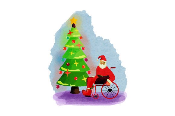 Santa in a Wheelchair Beside a Christmas Tree - Watercolor