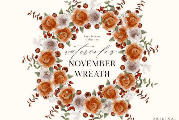 Watercolor Flower Wreath PNG November for Crafts