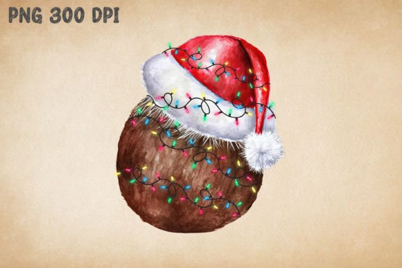 Xmas Coconut in Santa Hat Watercolor for Crafts